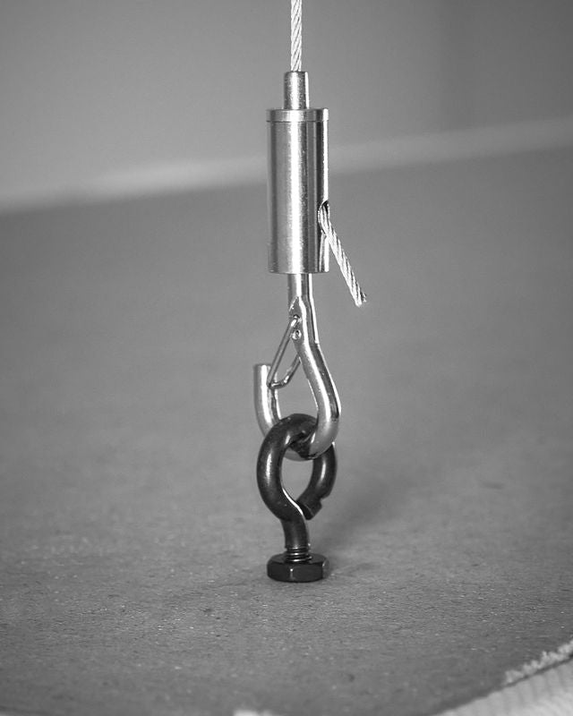 ProSoCoustic WAVERoom Pro Panel Suspension Kit Includes x4 80” suspension wires with 1 crimped loop end and 1 adjustable hook end ea. x4 eye-bolts x4 ceiling anchors and x4 eye-screws. For Suspending 1 WAVEPro Panel