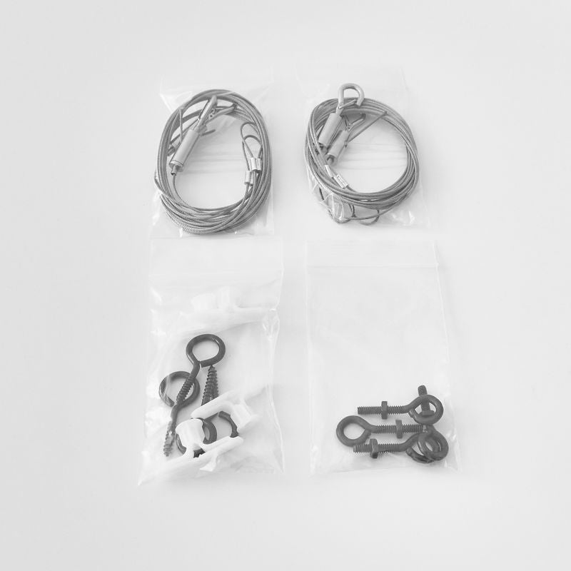 ProSoCoustic WAVERoom Pro Panel Suspension Kit Includes x4 80” suspension wires with 1 crimped loop end and 1 adjustable hook end ea. x4 eye-bolts x4 ceiling anchors and x4 eye-screws.  For Suspending 1 WAVEPro Panel