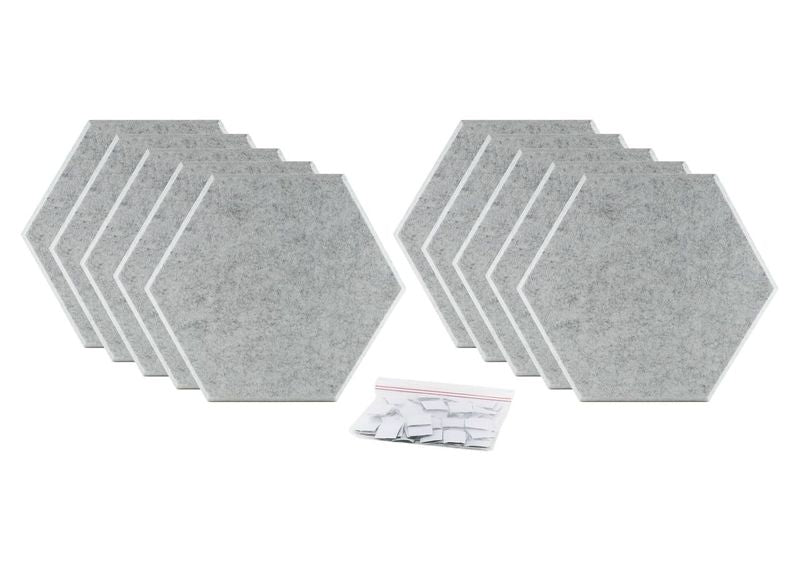 ProSoCoustic ProSo-PET Hex 10-Pack Soft Gray includes (10) 10” hex panels each with adhesive-backed hook-and-loop mounting squares.