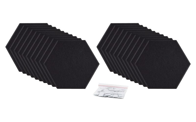 ProSoCoustic ProSo-PET Hex 20-Pack Black includes (20) 10” hex panels each with adhesive-backed hook-and-loop mounting squares.