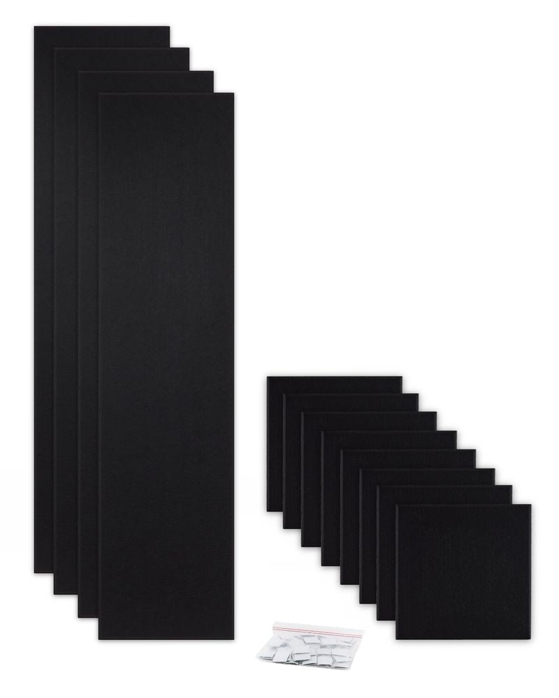 ProSoCoustic ProSo-PET 48” Bundle Pack Black includes (4) 12”x48” panels and (8) 12”x12” panels each with adhesive-backed hook-and-loop mounting squares.