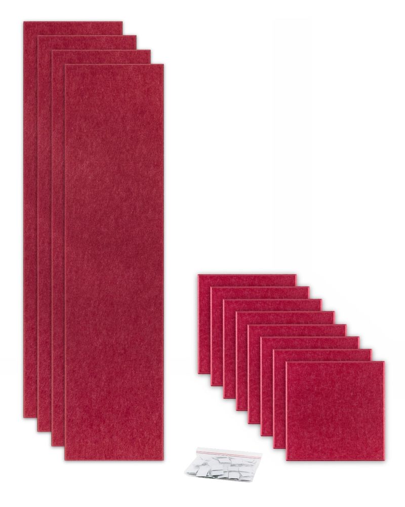 ProSoCoustic ProSo-PET 48” Bundle Pack Cherry includes (4) 12”x48” panels and (8) 12”x12” panels each with adhesive-backed hook-and-loop mounting squares.