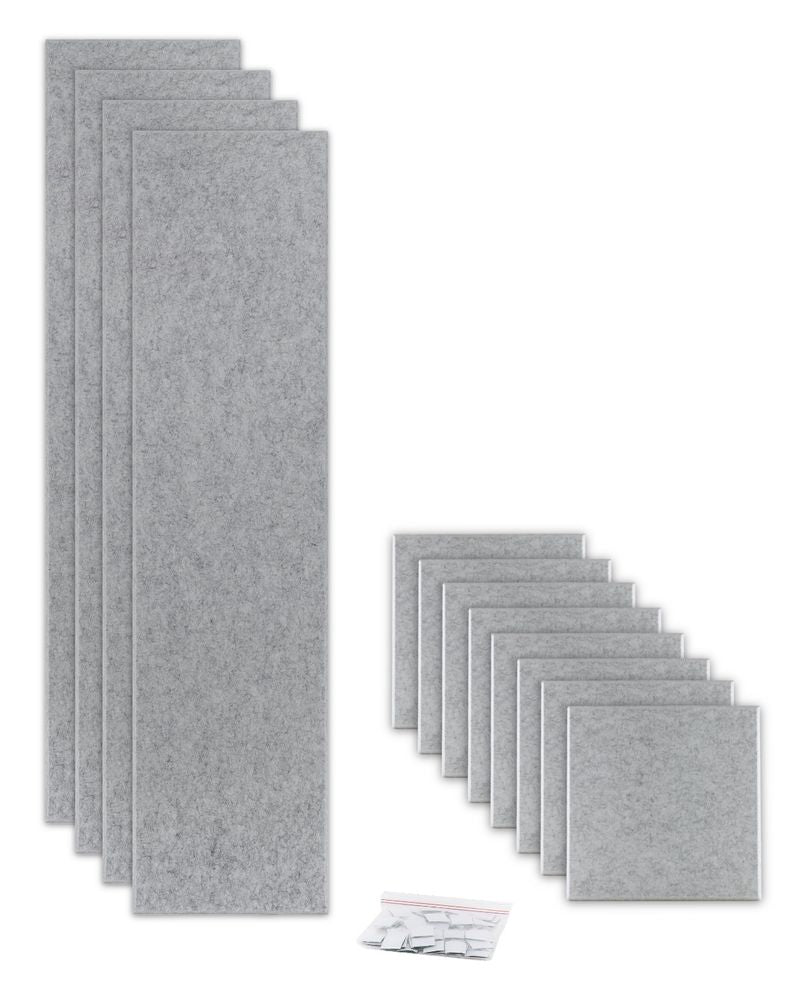 ProSoCoustic ProSo-PET 48” Bundle Pack Soft Gray includes (4) 12”x48” panels and (8) 12”x12” panels each with adhesive-backed hook-and-loop mounting squares.
