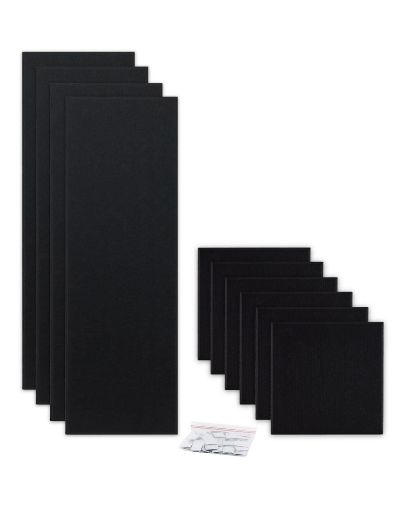 ProSoCoustic ProSo-PET 36” Bundle Pack Black includes (4) 12”x36” panels and (6) 12”x12” panels each with adhesive-backed hook-and-loop mounting squares.