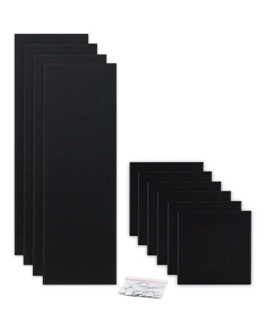 ProSoCoustic ProSo-PET 36” Bundle Pack Black includes (4) 12”x36” panels and (6) 12”x12” panels each with adhesive-backed hook-and-loop mounting squares.