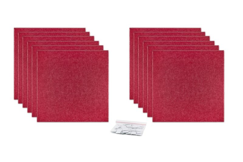 ProSoCoustic ProSo-PET 24”x24” 12-Pack Cherry includes (12) 24”x24” panels each with adhesive-backed hook-and-loop mounting squares.