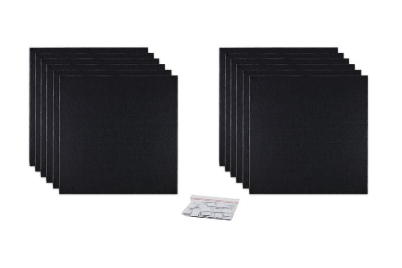 ProSoCoustic ProSo-PET 24”x24” 12-Pack Black includes (12) 24”x24” panels each with adhesive-backed hook-and-loop mounting squares.