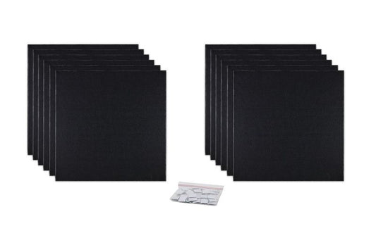 ProSoCoustic ProSo-PET 24”x24” 12-Pack Black includes (12) 24”x24” panels each with adhesive-backed hook-and-loop mounting squares.