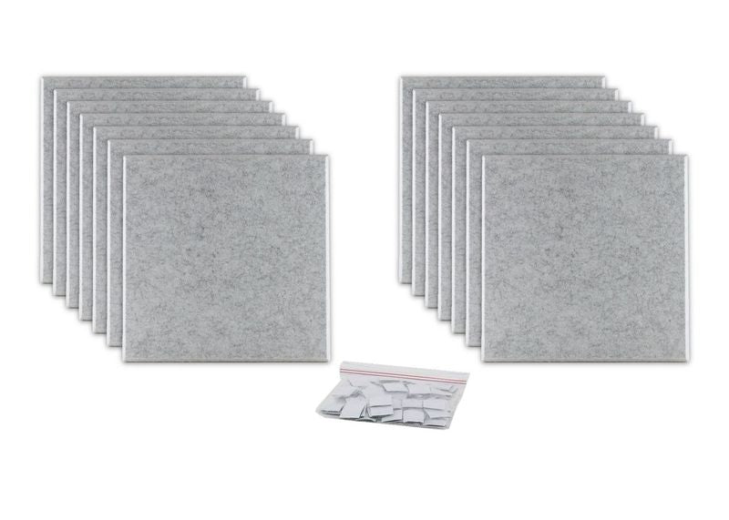 ProSoCoustic ProSo-PET 12”x12” 14-Pack Soft Gray includes (14) 12”x12” panels each with adhesive-backed hook-and-loop mounting squares.