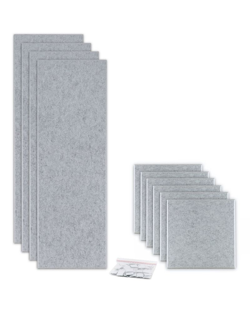 ProSoCoustic ProSo-PET 36” Bundle Pack Soft Gray includes (4) 12”x36” panels and (6) 12”x12” panels each with adhesive-backed hook-and-loop mounting squares.