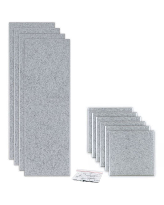 ProSoCoustic ProSo-PET 36” Bundle Pack Soft Gray includes (4) 12”x36” panels and (6) 12”x12” panels each with adhesive-backed hook-and-loop mounting squares.