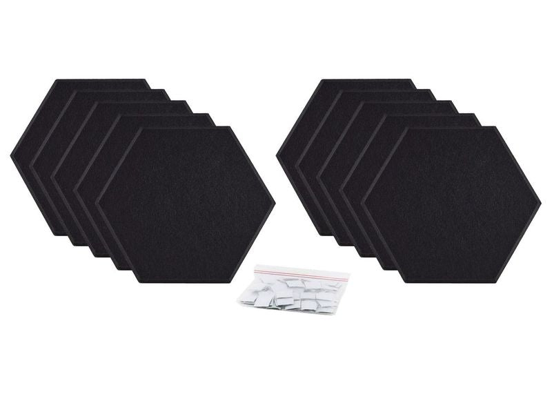 ProSoCoustic ProSo-PET Hex 10-Pack Black includes (10) 10” hex panels each with adhesive-backed hook-and-loop mounting squares.