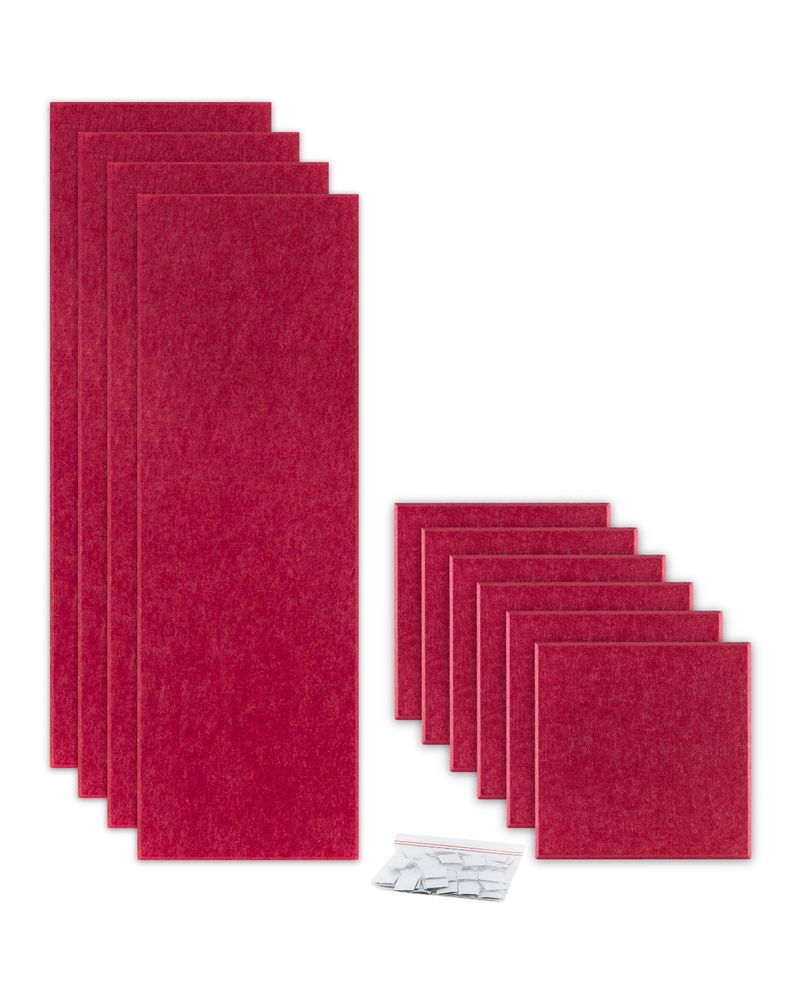 ProSoCoustic ProSo-PET 36” Bundle Pack Cherry includes (4) 12”x36” panels and (6) 12”x12” panels each with adhesive-backed hook-and-loop mounting squares.