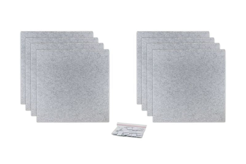 ProSoCoustic ProSo-PET 24”x24” 8-Pack Soft Gray includes (8) 24”x24” panels each with adhesive-backed hook-and-loop mounting squares.