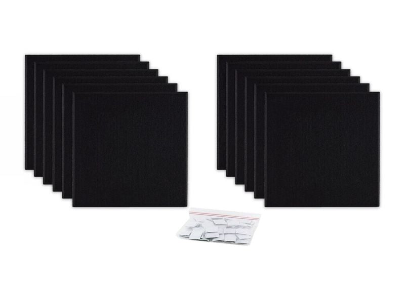 ProSoCoustic ProSo-PET 12”x12” 12-Pack Black includes (12) 12”x12” panels each with adhesive-backed hook-and-loop mounting squares.