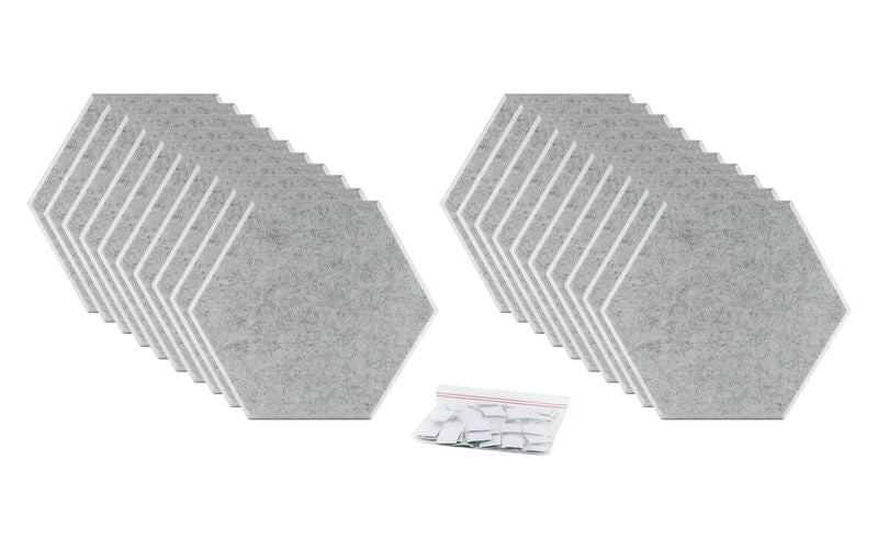 ProSoCoustic ProSo-PET Hex 20-Pack Soft Gray includes (20) 10” hex panels each with adhesive-backed hook-and-loop mounting squares.