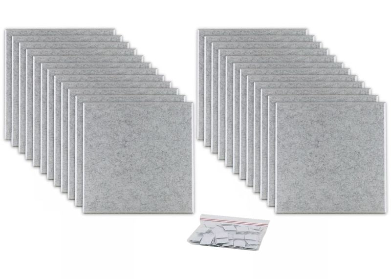 ProSoCoustic ProSo-PET 12”x12” 24-Pack Soft Gray includes (24) 12”x12” panels each with adhesive-backed hook-and-loop mounting squares.